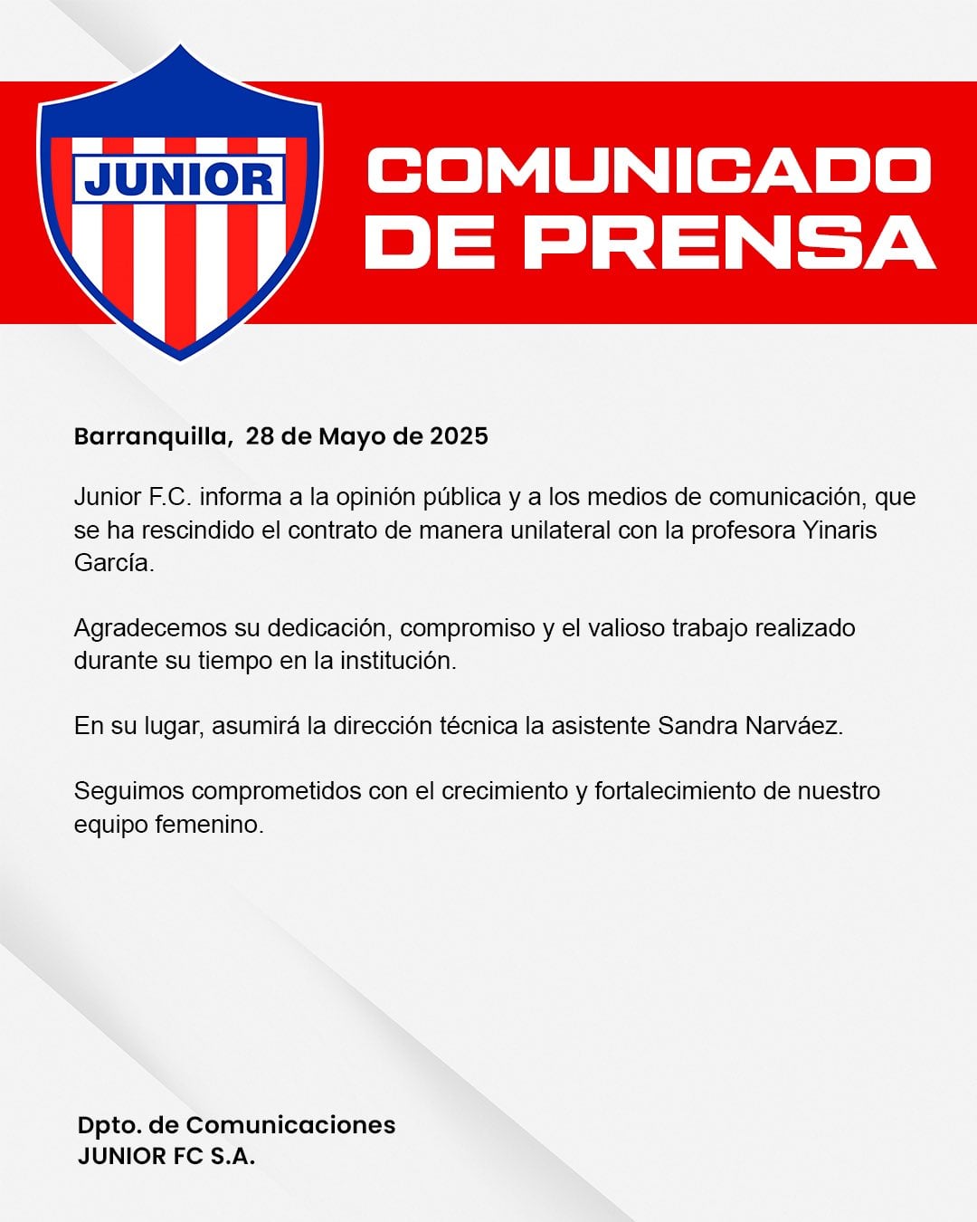 Comunicado oficial de Junior de Barranquilla.