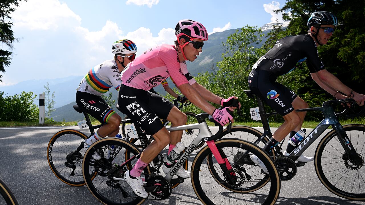 LEUKERBAD, SWITZERLAND - JUNE 14: (L-R) Remco Evenepoel of Belgium and Team Soudal Quick-Step, Rigoberto Uran of Colombia and Team EF Education-EasyPost and Romain Bardet of France and Team DSM compete during the 86th Tour de Suisse 2023, Stage 4 a 152.5km stage from Monthey to Leukerbad 1367m / #UCIWT / on June 14, 2023 in Leukerbad, Switzerland. (Photo by Dario Belingheri/Getty Images)