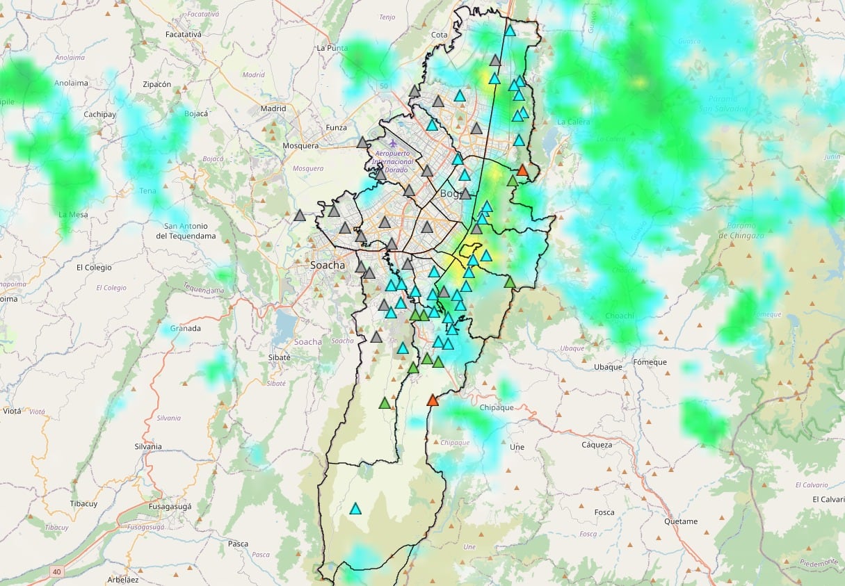 La Candelaria, Antonio Nariño y Los Mártires registran lluvias según el último informe del IDIGER.