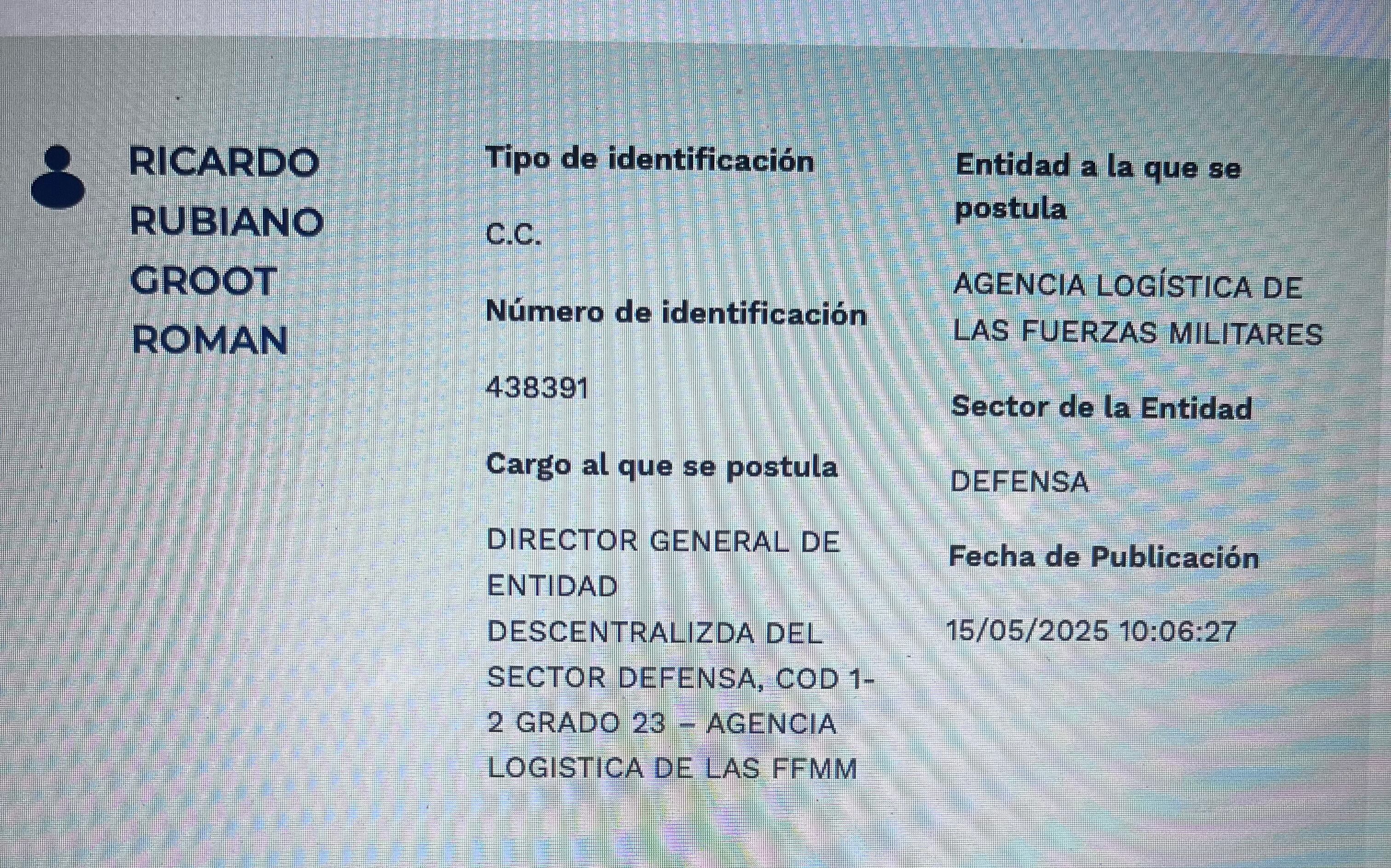 Hoja de vida general (r) Ricardo Rubiano-Groot para la dirección de la Agencia de Logística de las Fuerzas Militares