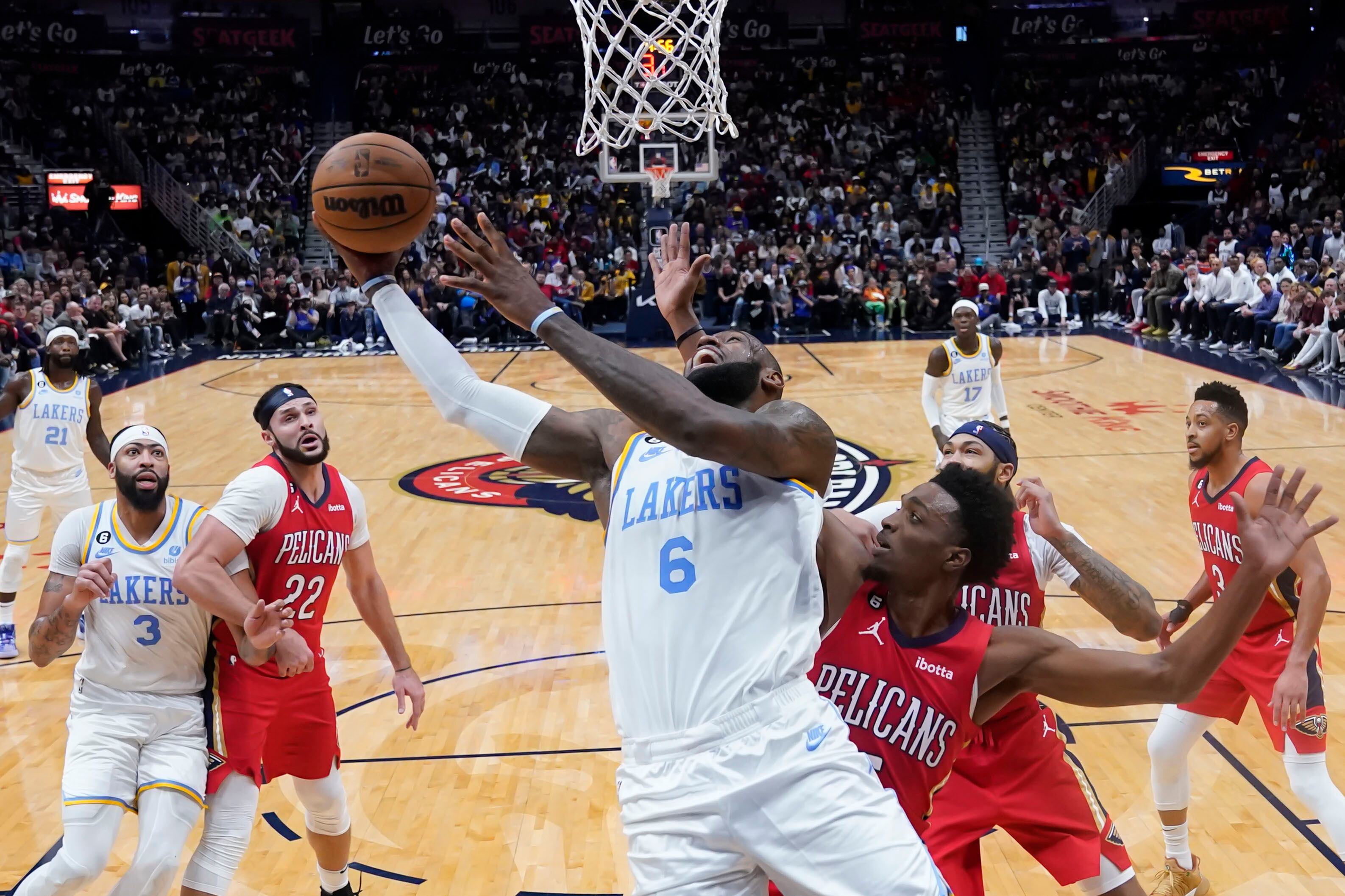 Los Angeles Lakers forward LeBron James (6) goes to the basket in the second half of an NBA basketball game against the New Orleans Pelicans in New Orleans, Saturday, Feb. 4, 2023. The Pelicans won 121-136. (AP Photo/Gerald Herbert)