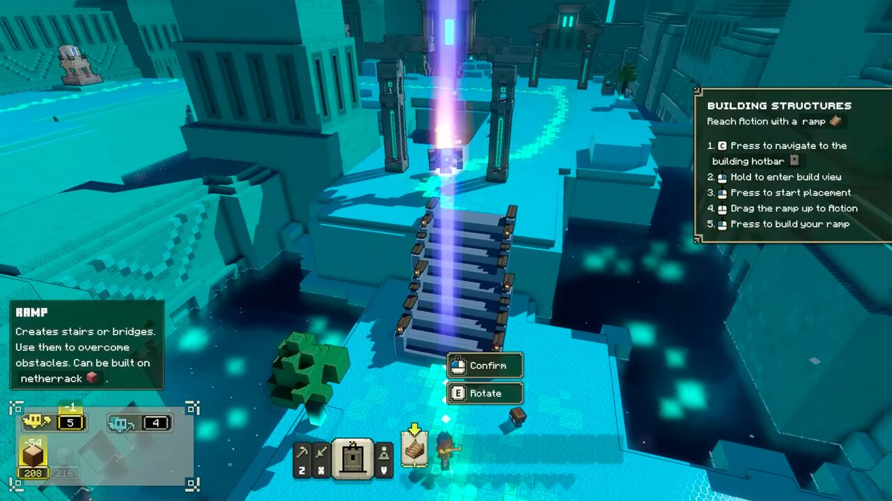 Minecraft Legends permite construir diferentes estructuras para facilitar la exploración del jugador.