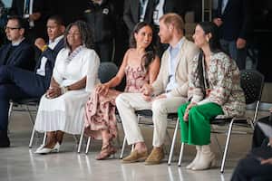 BOGOTA, COLOMBIA - AUGUST 15: Vice President of Colombia Francia Márquez, Meghan, Duchess of Sussex and Prince Harry, Duke of Sussex attend a folkloric presentation at Centro Nacional de las Artes Delia Zapata during their visit to Colombia on August 15, 2024 in Bogota, Colombia. (Photo by Diego Cuevas/Getty Images)