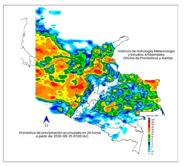 Mapa del clima para el martes 25 de agosto en Colombia.