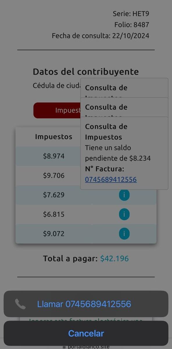 Al acceder a la página fraudulenta, los contribuyentes son engañados para que ingresen su cédula y otros datos, creyendo que están verificando impuestos en mora, pero terminan enfrentándose a un número de contacto sospechoso para más información.