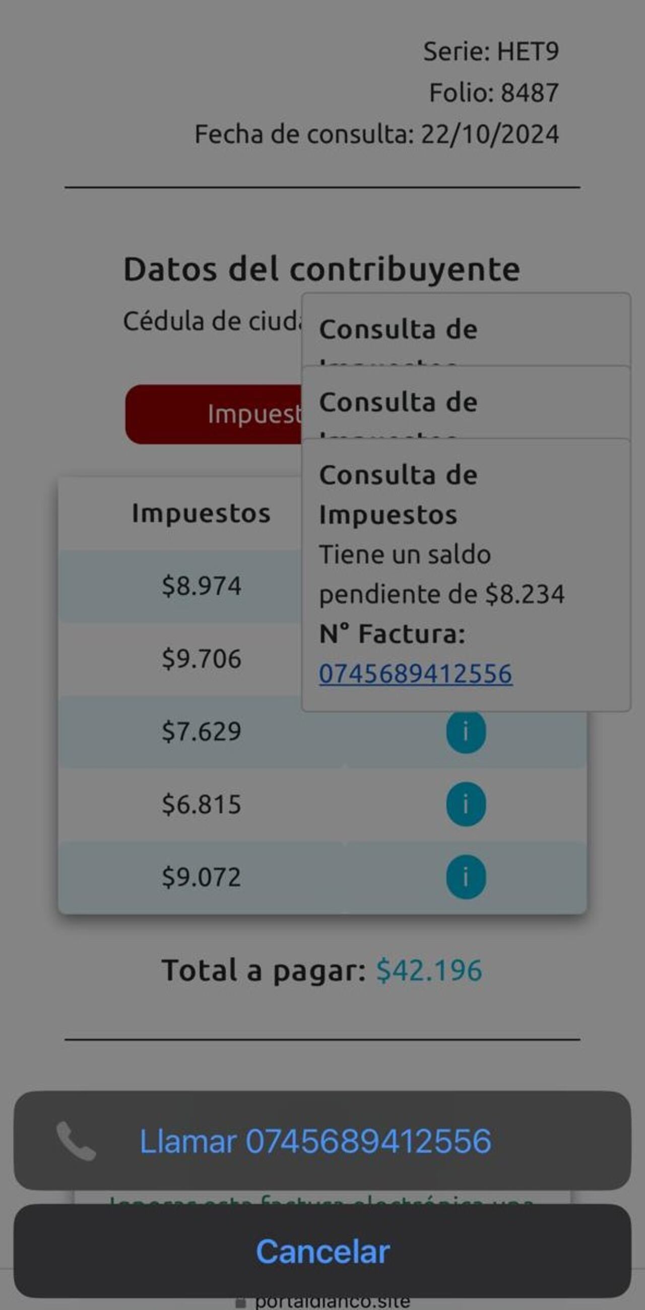 Al acceder a la página fraudulenta, los contribuyentes son engañados para que ingresen su cédula y otros datos, creyendo que están verificando impuestos en mora, pero terminan enfrentándose a un número de contacto sospechoso para más información.