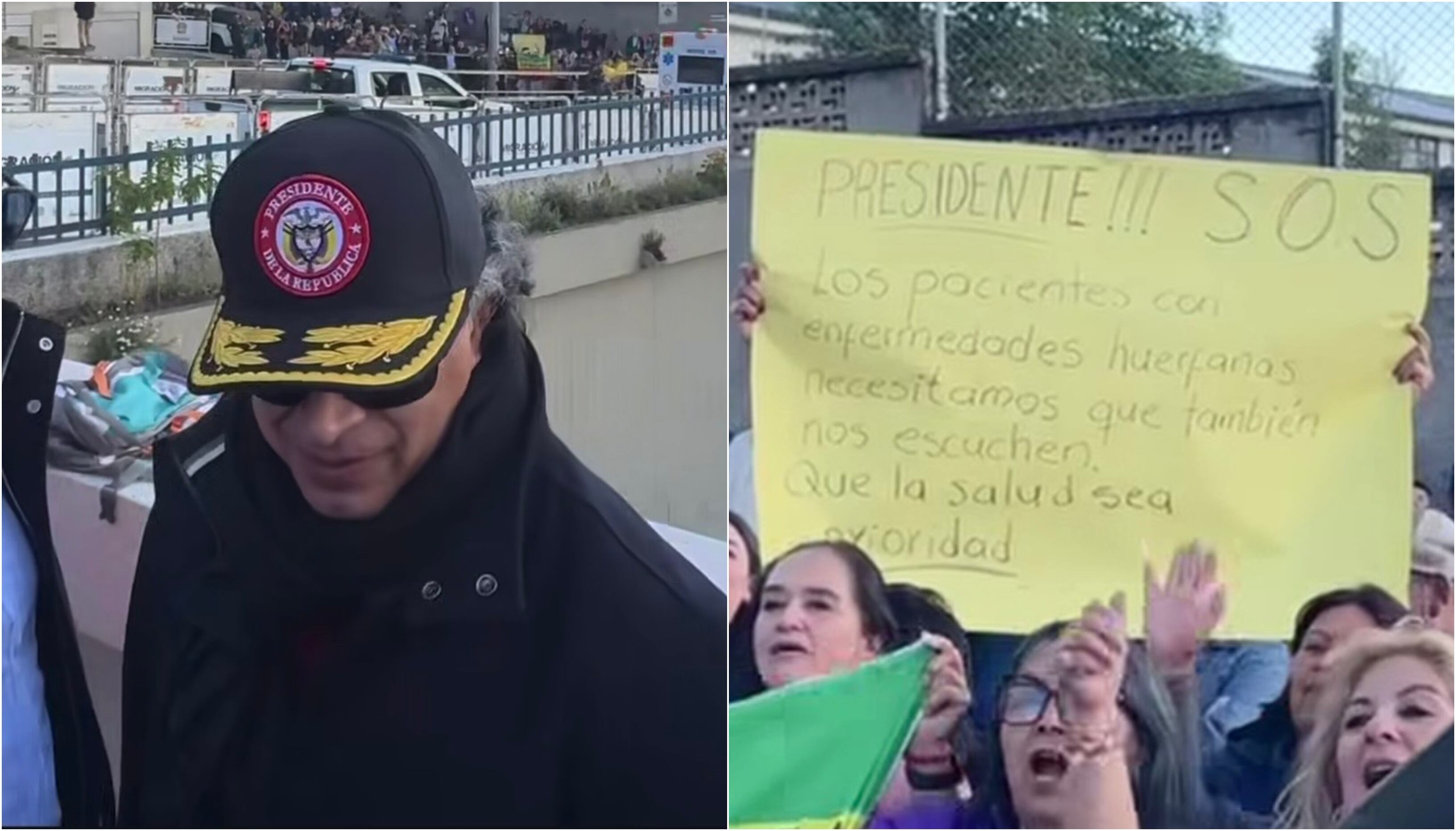 Gustavo Petro y pancarta sobre la crisis en el sistema de salud.