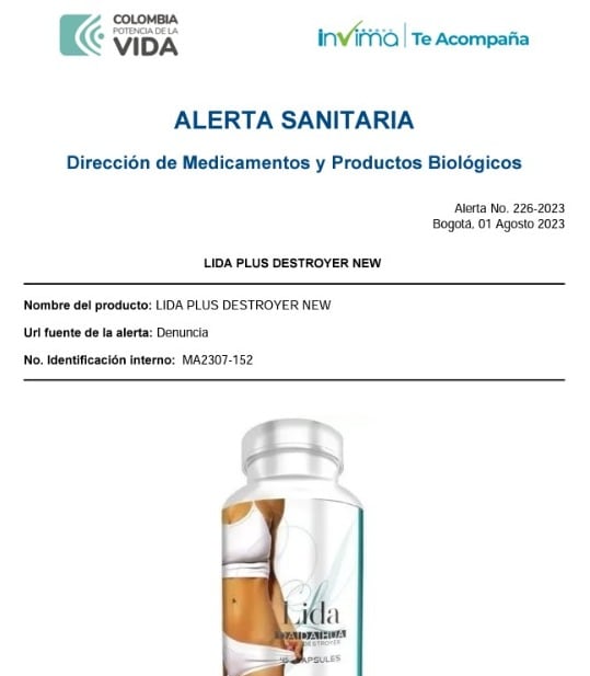 El Instituto Nacional de Vigilancia de Medicamentos y Alimentos (Invima) advierte a la ciudadanía sobre la comercialización fraudulenta del producto bajo la marca LIDA PLUS DESTROYER NEW,