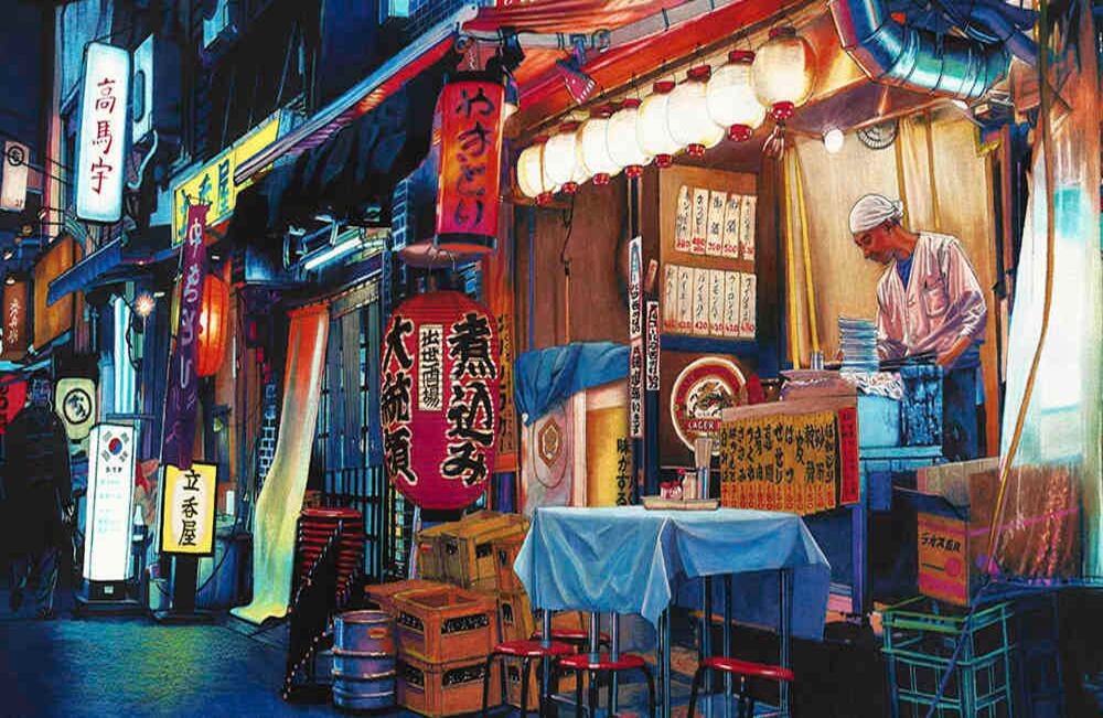 El artista Erin Nicholls es australiano, pero sus ilustraciones hechas en lapiz y rotuladores reflejan un Japón que avanza sin abandonar su tradición. Esta obra hace parte de la serie "Noche en Japón". Foto: Erin Nicholls.