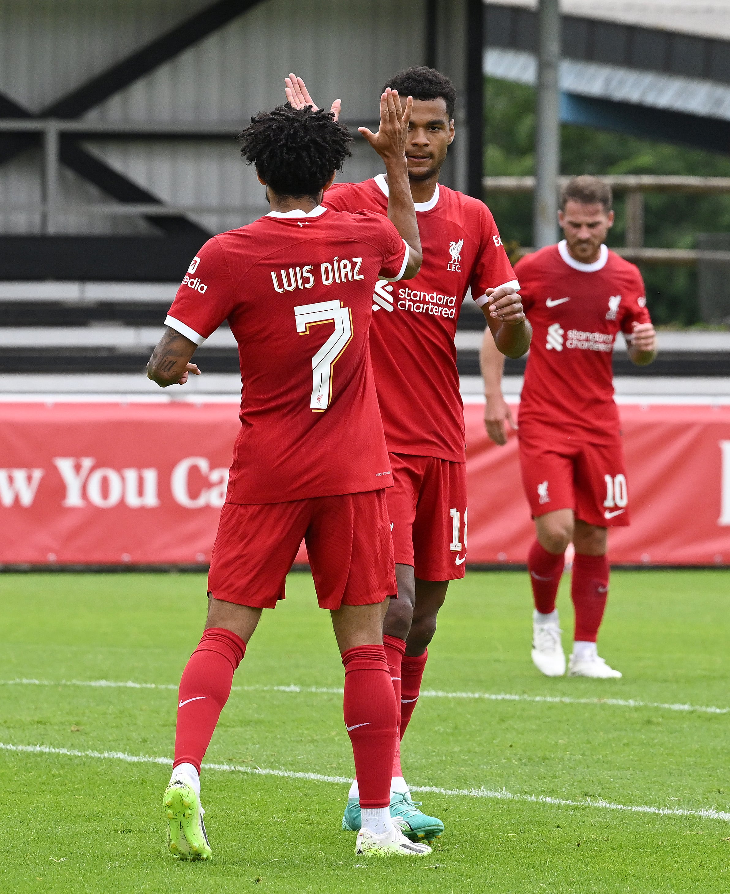 FUERTH, GERMANY - JULY 24: (THE SUN OUT, THE SUN ON SUNDAY OUT) Luis Diaz (7) of Liverpool celebrates scoring Liverpool's first goal during the pre-season friendly match between SpVgg Greuther Fürth and Liverpool at  on July 24, 2023 in Fuerth, Germany. (Photo by Nick Taylor/Liverpool FC/Liverpool FC via Getty Images)