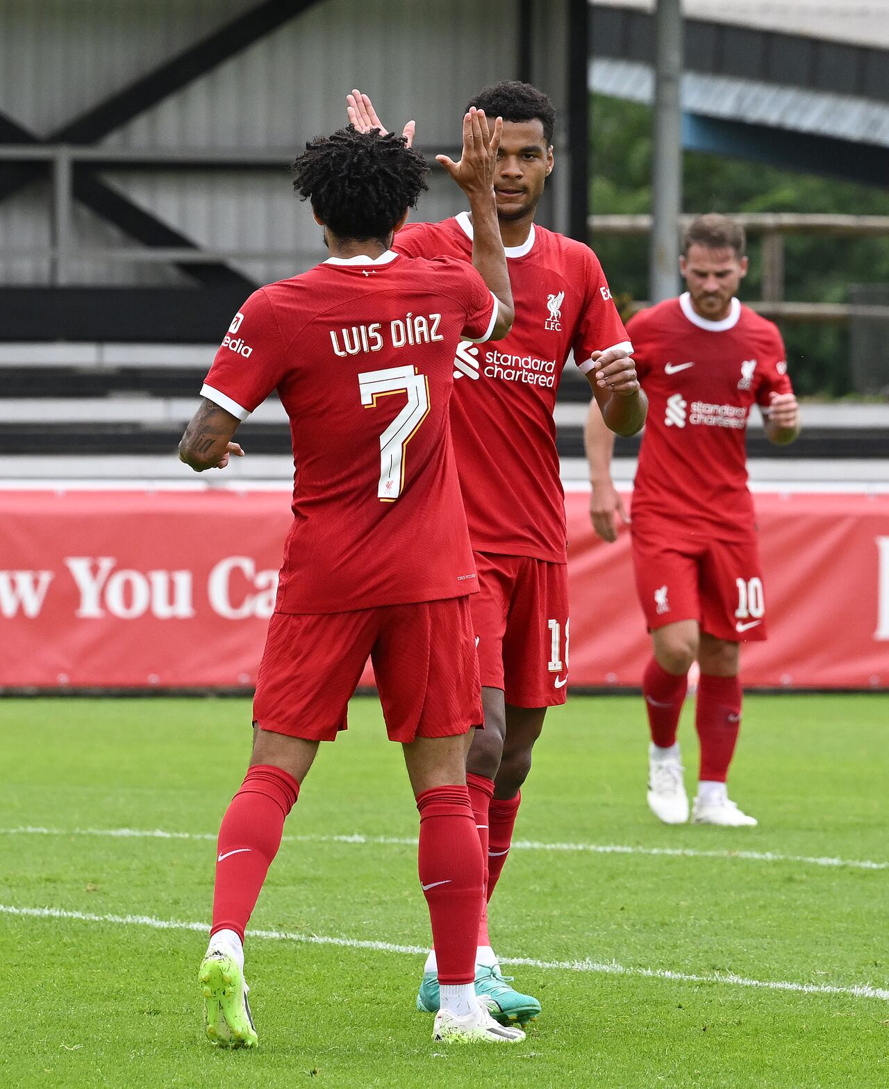 FUERTH, GERMANY - JULY 24: (THE SUN OUT, THE SUN ON SUNDAY OUT) Luis Diaz (7) of Liverpool celebrates scoring Liverpool's first goal during the pre-season friendly match between SpVgg Greuther Fürth and Liverpool at on July 24, 2023 in Fuerth, Germany. (Photo by Nick Taylor/Liverpool FC/Liverpool FC via Getty Images)