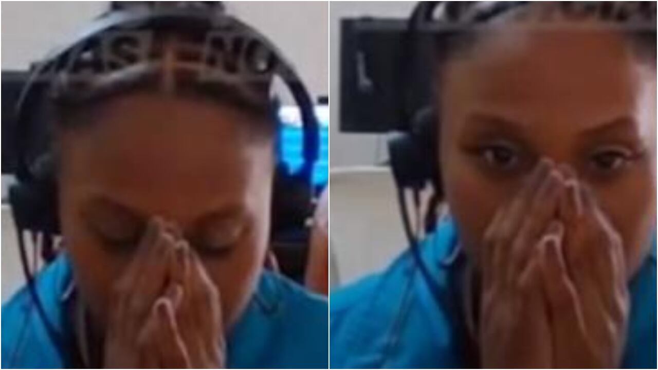 Carolina Galván, madre de Sara Sofía, riendo y rezando en medio de la audiencia condenatoria en febrero de 2024.