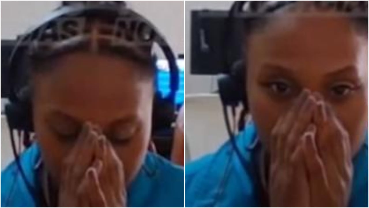 Carolina Galván, madre de Sara Sofía, riendo y rezando en medio de la audiencia condenatoria en febrero de 2024.