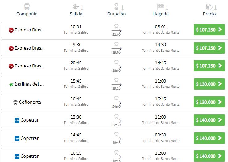 Precios del pasaje en bus de Bogotá - Santa Marta