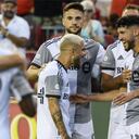 TORONTO, ONTARIO, CANADA - 2022/08/13: Domenico Criscito (44), Lorenzo Insigne (24), Jesus Jimenez (9) and Jonathan Osorio (21) celebrate after scoring a goal during the MLS game between Toronto FC and Portland Timbers SC at BMO field. The game ended 3-1 for Toronto FC. (Photo by Angel Marchini/SOPA Images/LightRocket via Getty Images)