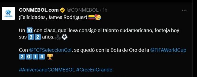 Felicitación de la Conmebol a James Rodríguez en su cumpleaños.