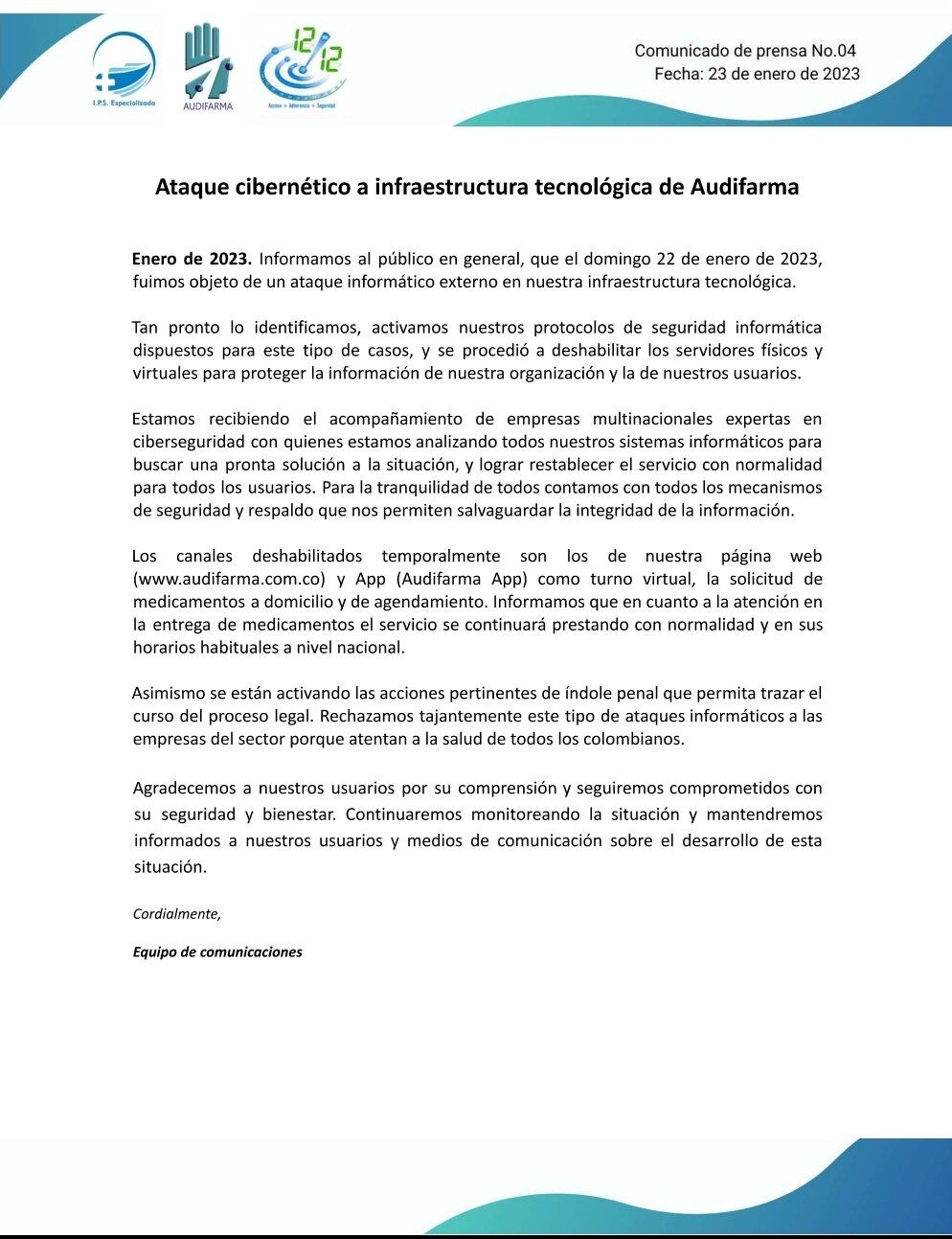 Audifarma confirmó un ataque a su infraestructura tecnológica.