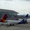 A general view of the platform where domestic flights will take off with planes from Avianca, Wingo, Latam and VIVA Air sit after five months of inactivity El Dorado International Airport prepares with biosecurity measures to prevent the spread of the Novel Coronavirus to resume activities on september first with 14 diferent domesitc routes in Bogota, Colombia on August 31, 2020. (Photo by Sebastian Barros/NurPhoto via Getty Images)