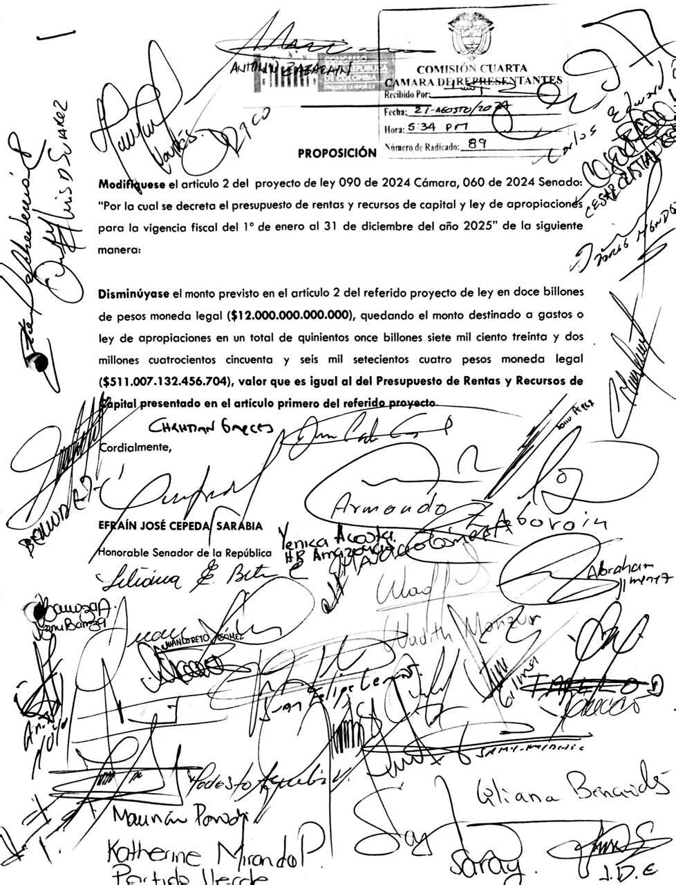 Esta fue la proposición presentada en la Comisión Cuarta de la Cámara de Representantes en la que le pidieron al Gobierno nacional reducir el monto del presupuesto general de la nación de 2025 para no incluir en ese rubro la nueva reforma tributaria que no ha sido discutida.