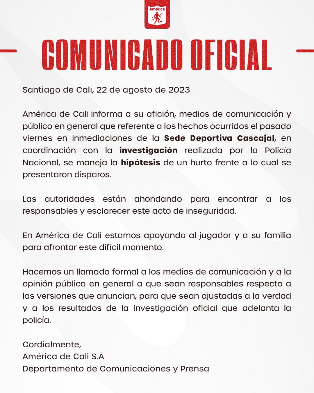 Comunicado oficial América sobre el caso de Iago Falque
