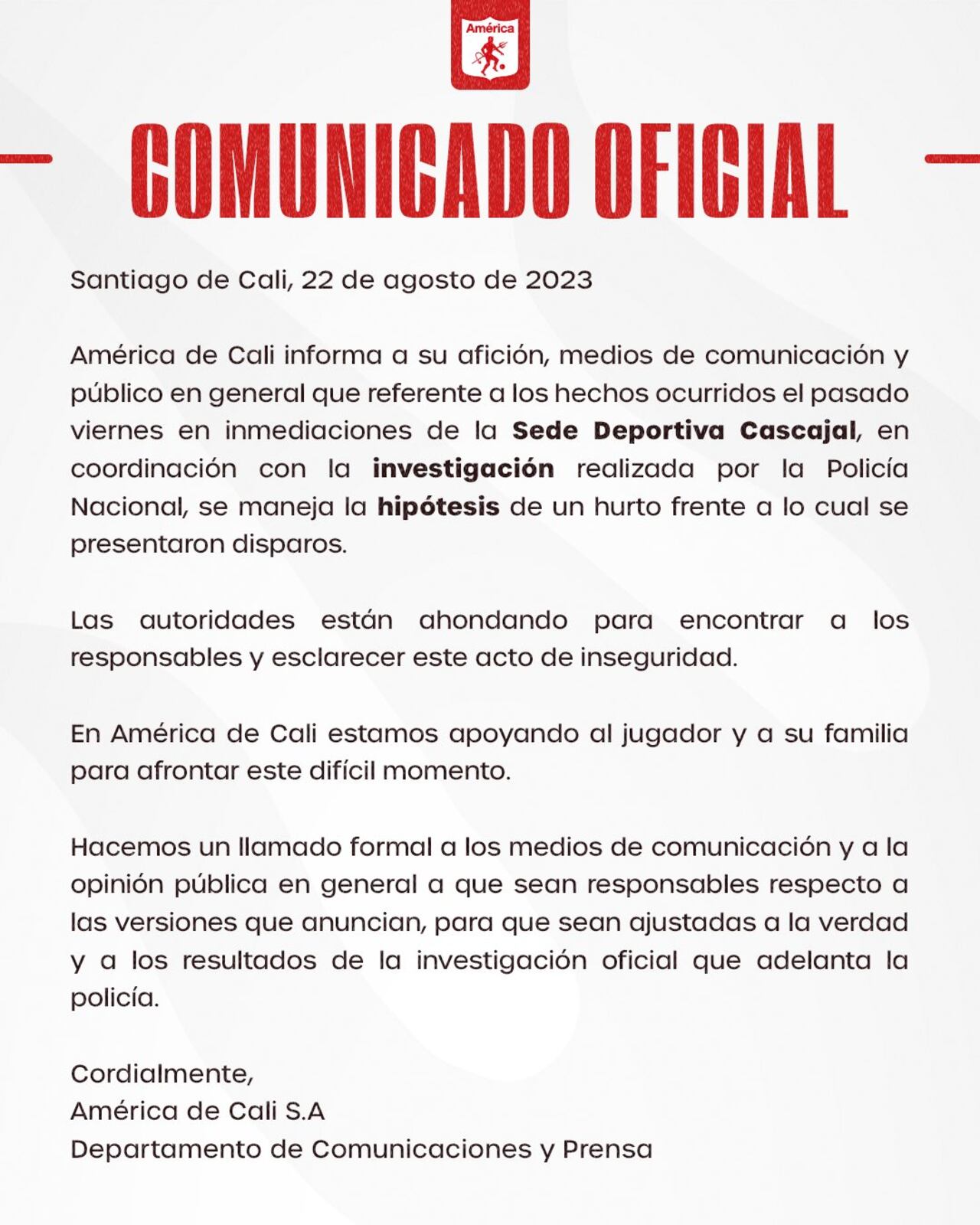 Comunicado oficial América sobre el caso de Iago Falque