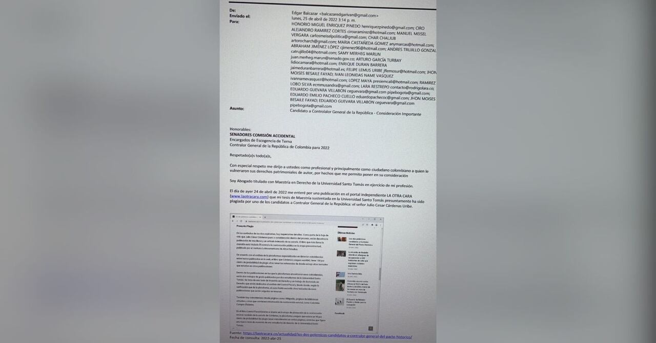 Correo electrónico que llegó a la comisión accidental que elegirá a los 10 aspirantes a la Contraloría.