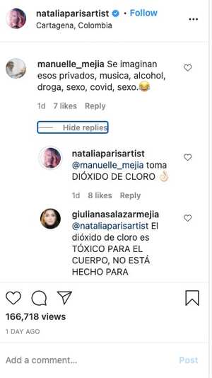 Natalia París recomienda tomar dióxido de cloro para curar el coronavirus.