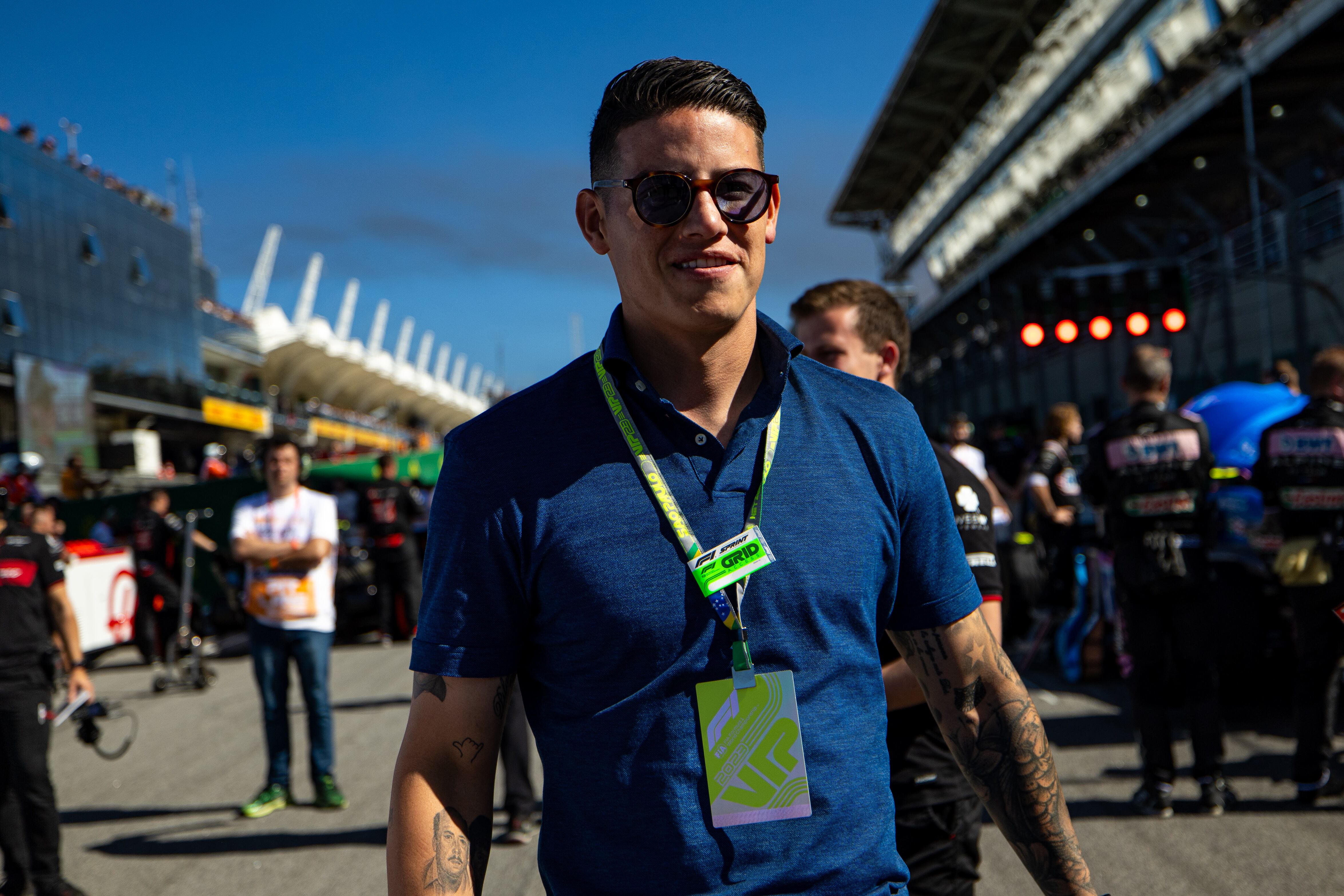 SAO PAULO, BRAZIL - NOVEMBER 4: Colombian pro footballer James Rodriguez on the grid during the Sprint Shootout/Sprint race ahead of the F1 Grand Prix of Brazil at Autodromo Jose Carlos Pace on November 4, 2023 in Sao Paulo, Brazil. (Photo by Kym Illman/Getty Images)