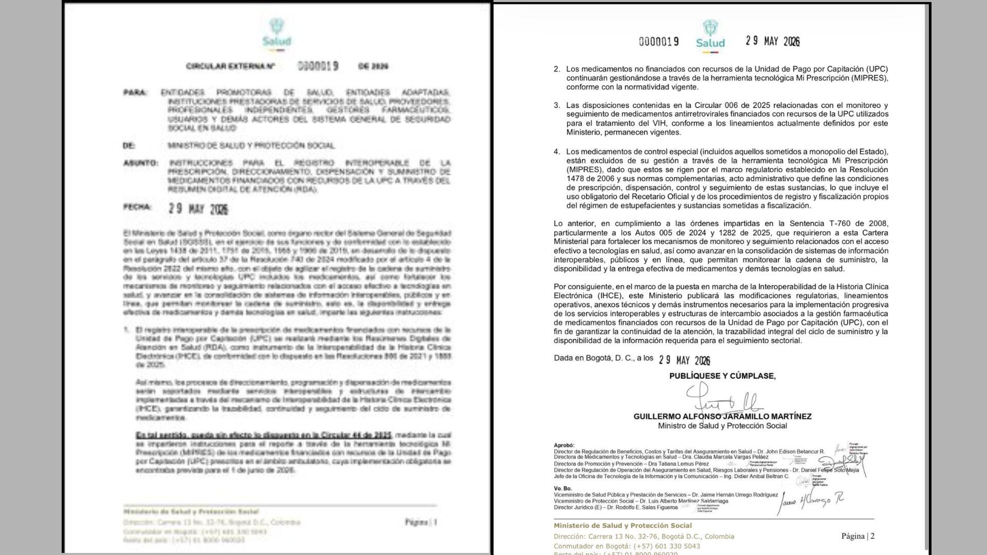 La Circular 019 de 2026 integra el registro de medicamentos financiados con la UPC a la historia clínica electrónica para fortalecer el seguimiento de los pacientes y la continuidad de sus tratamientos.