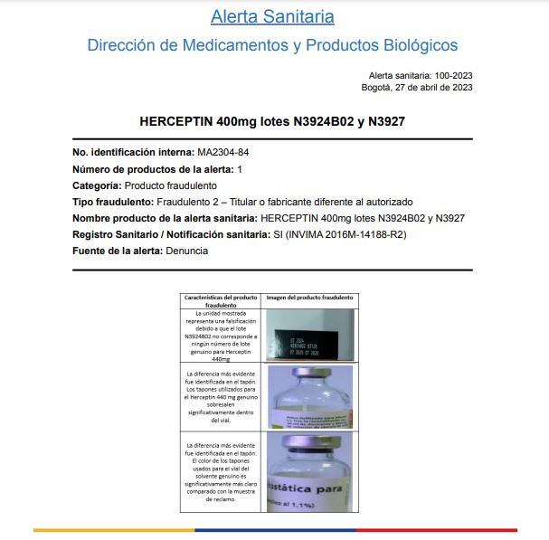 Alerta sanitaria por falsificación de Herceptin