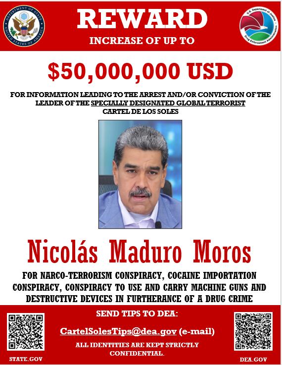 Anuncio sobre recompensa por captura de Nicolás Maduro