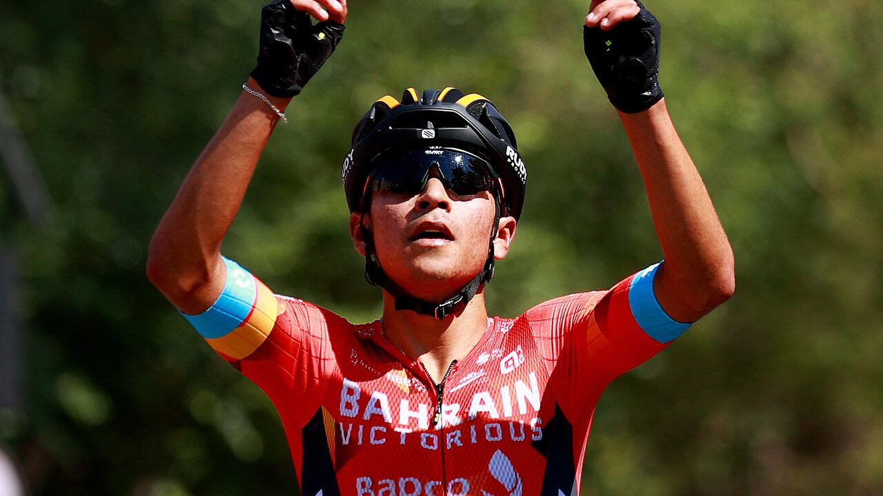 BURGOS, SPAIN - AUGUST 02: Santiago Buitrago Sanchez of Colombia and Team Bahrain Victorious celebrates winning during the 44th Vuelta a Burgos 2022- Stage 1 a 157km stage from Catedral de Burgos to Mirador del Castillo, Burgos / #VueltaBurgos / on August 02, 2022 in Burgos, Spain. (Photo by Gonzalo Arroyo Moreno/Getty Images)