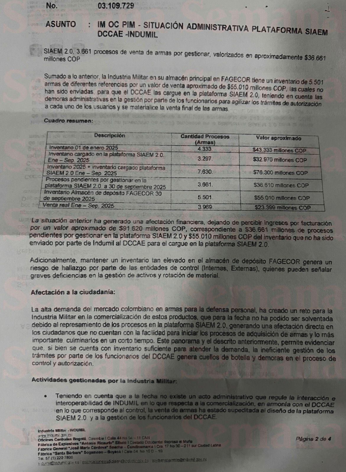 En este documento Indumil le dice al Ministro de Defensa que hay alta demanda en Colombia en armas de defensa personal.