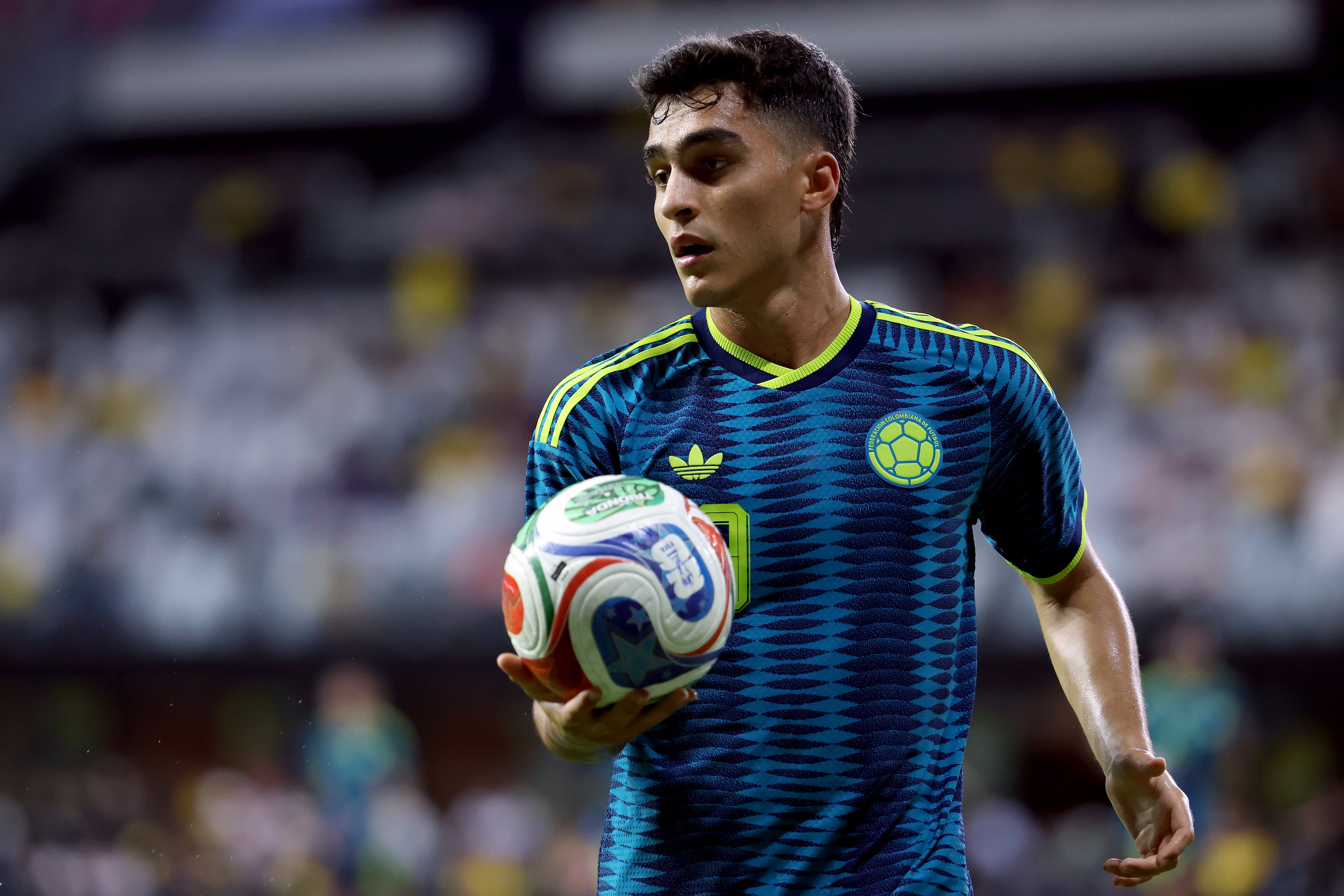 MIAMI, FLORIDA - OCTOBER 6: Juan Manuel Rengifo #19 of Colombia looks on during an international friendly game against Peru at Nu Stadium on October 6, 2026 in Miami, Florida. (Photo by Leonardo Fernandez/Getty Images)