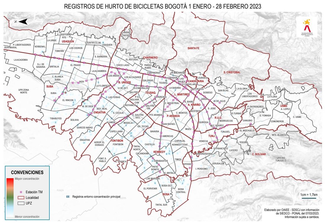 La localidad dónde más casos se reportaron en 2022 (Ene-Feb) fue Kennedy 227 y Suba 223, en tanto que en el mismo periodo de 2023 en Kennedy 232 y Engativá 202.