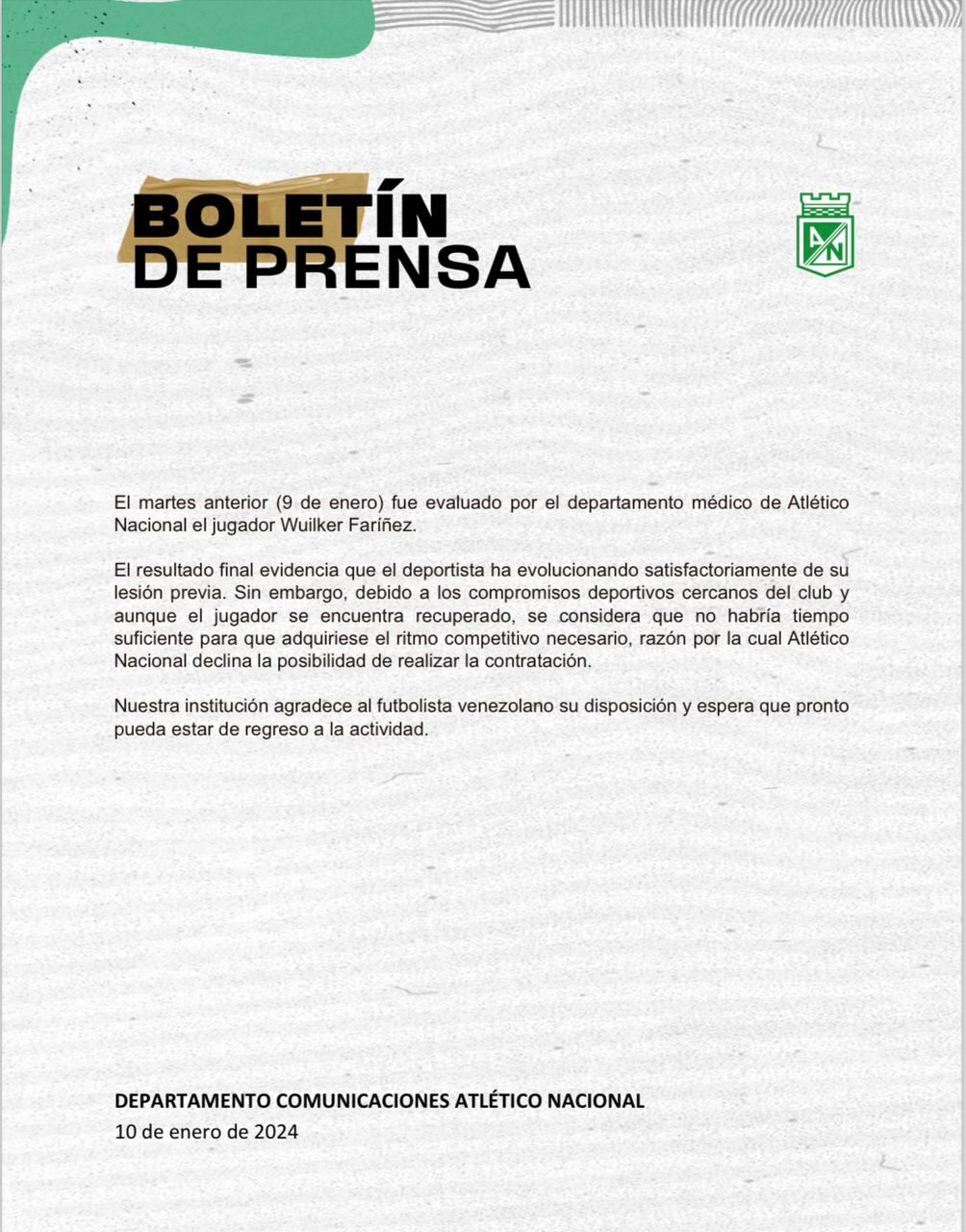 Comunicado de Atlético Nacional sobre los exámenes médicos de Wuilker Faríñez
