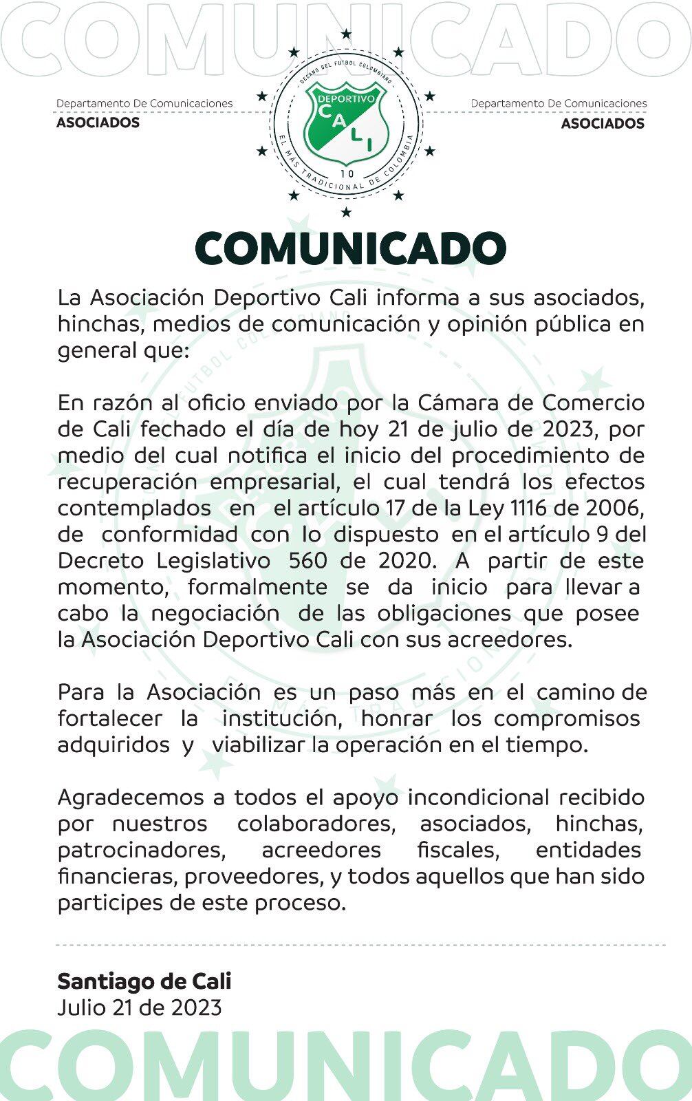 Deportivo Cali anuncia que inició del procedimiento de recuperación empresarial.