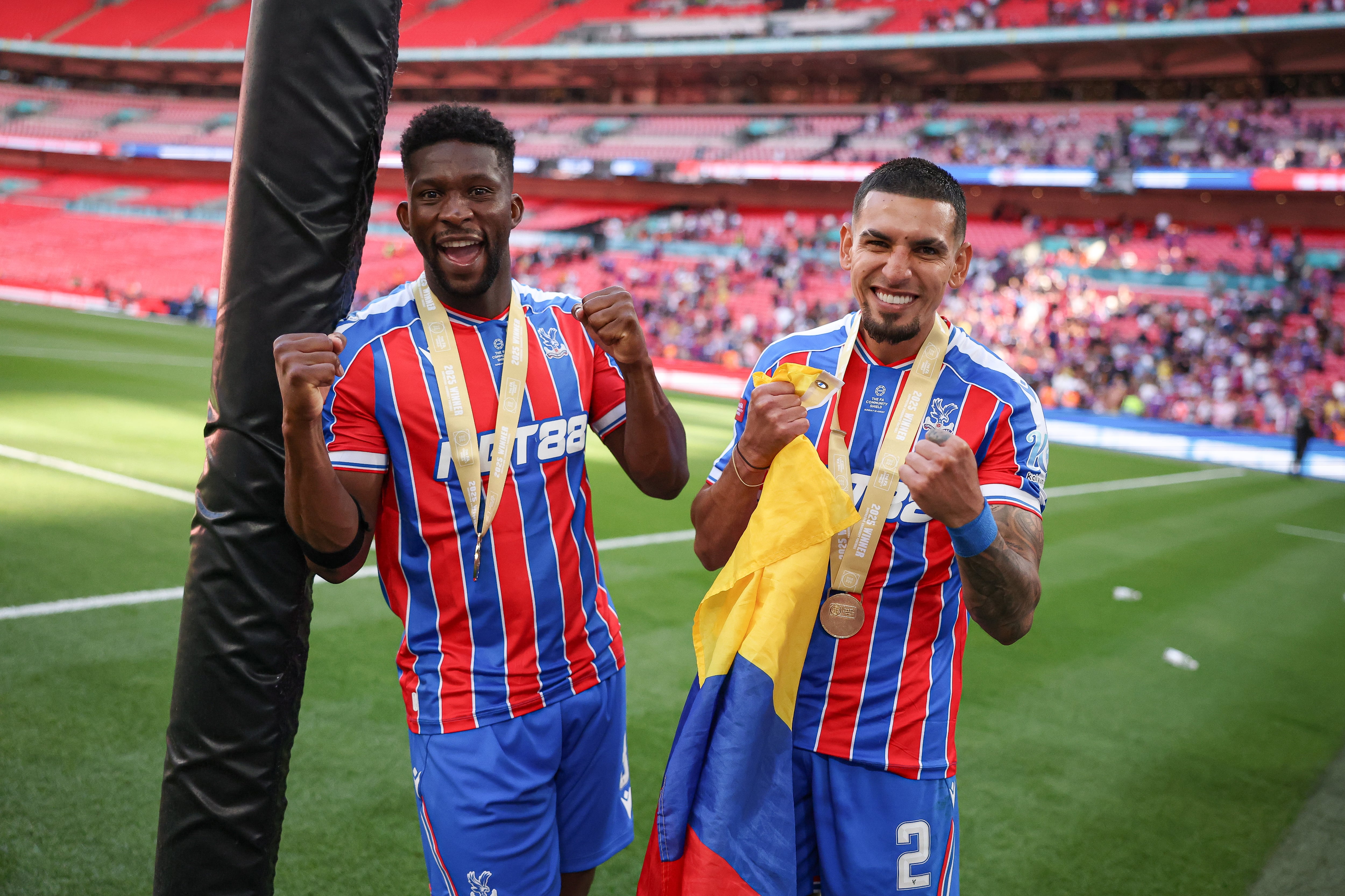 LONDON, ENGLAND - AUGUST 10: Jefferson Lerma and Daniel Munoz of Crystal Palace celebrate after the team's victory during the 2025 FA Community Shield match between Crystal Palace and Liverpool at Wembley Stadium on August 10, 2025 in London, England. (Photo by Alex Pantling - The FA/The FA via Getty Images)