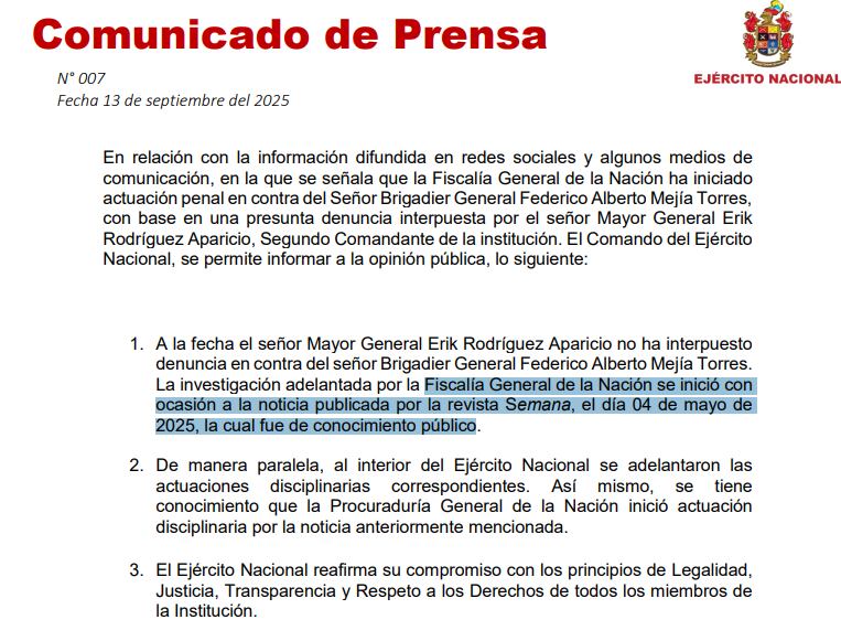 Ejército confirma indagación contra el general Federico Mejía, por denuncias hechas por SEMANA.
