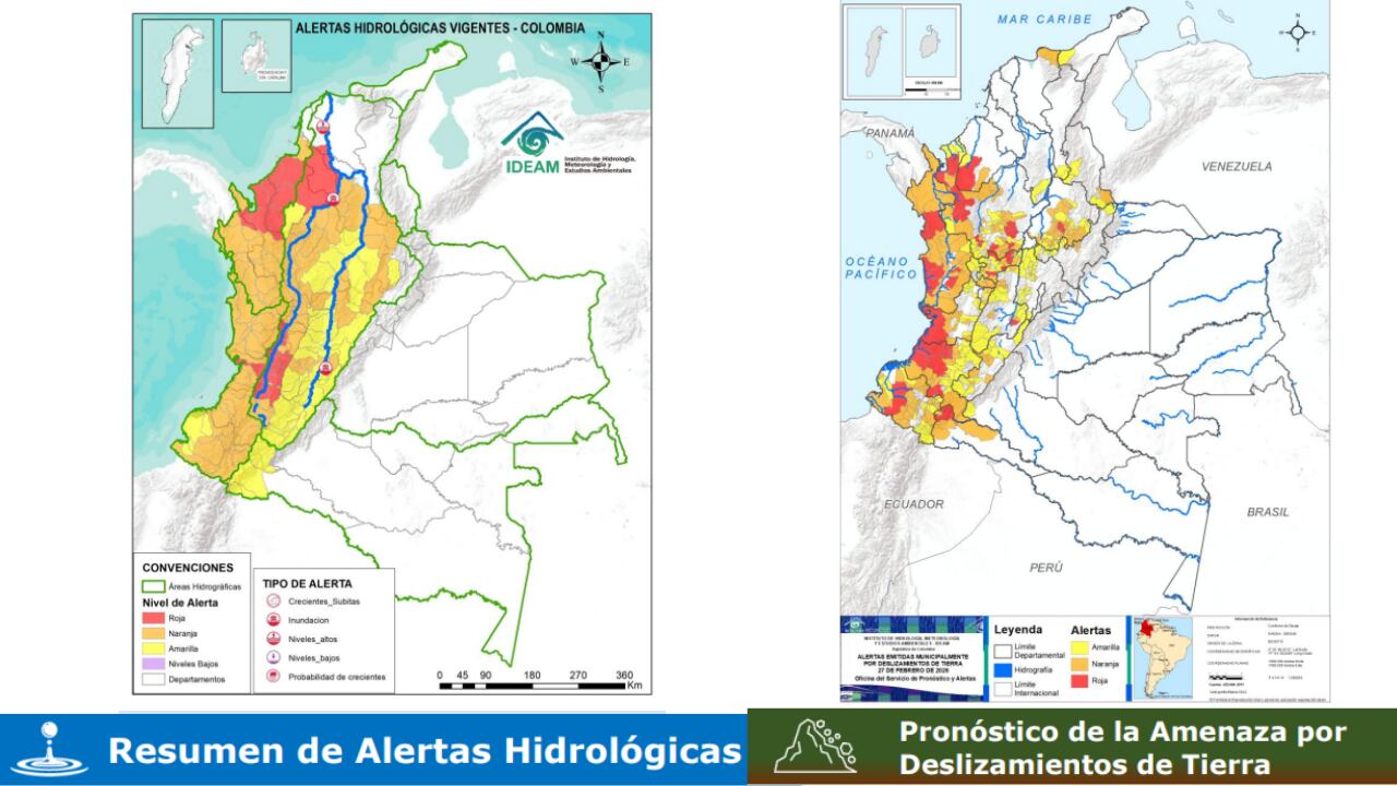 Resumen de alertas hidrológicas y desplazamientos de tierras en Colombia del IDEAM - Imágenes de la más reciente actualización del IDEAM