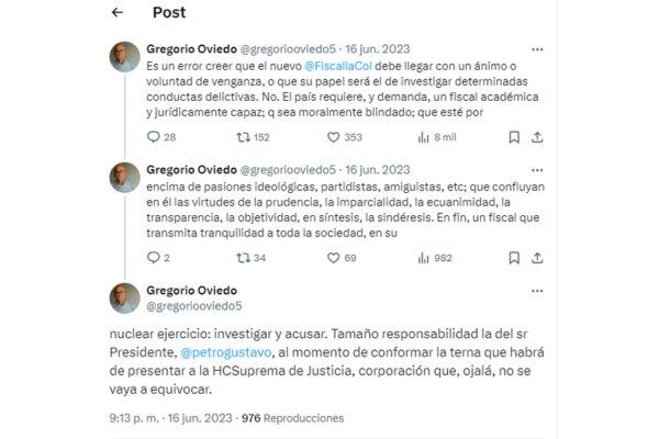 Este fue el hilo que hizo el abogado Gregorio Oviedo, esposo de la ternada Amelia Pérez, sobre la elección de fiscal general.
