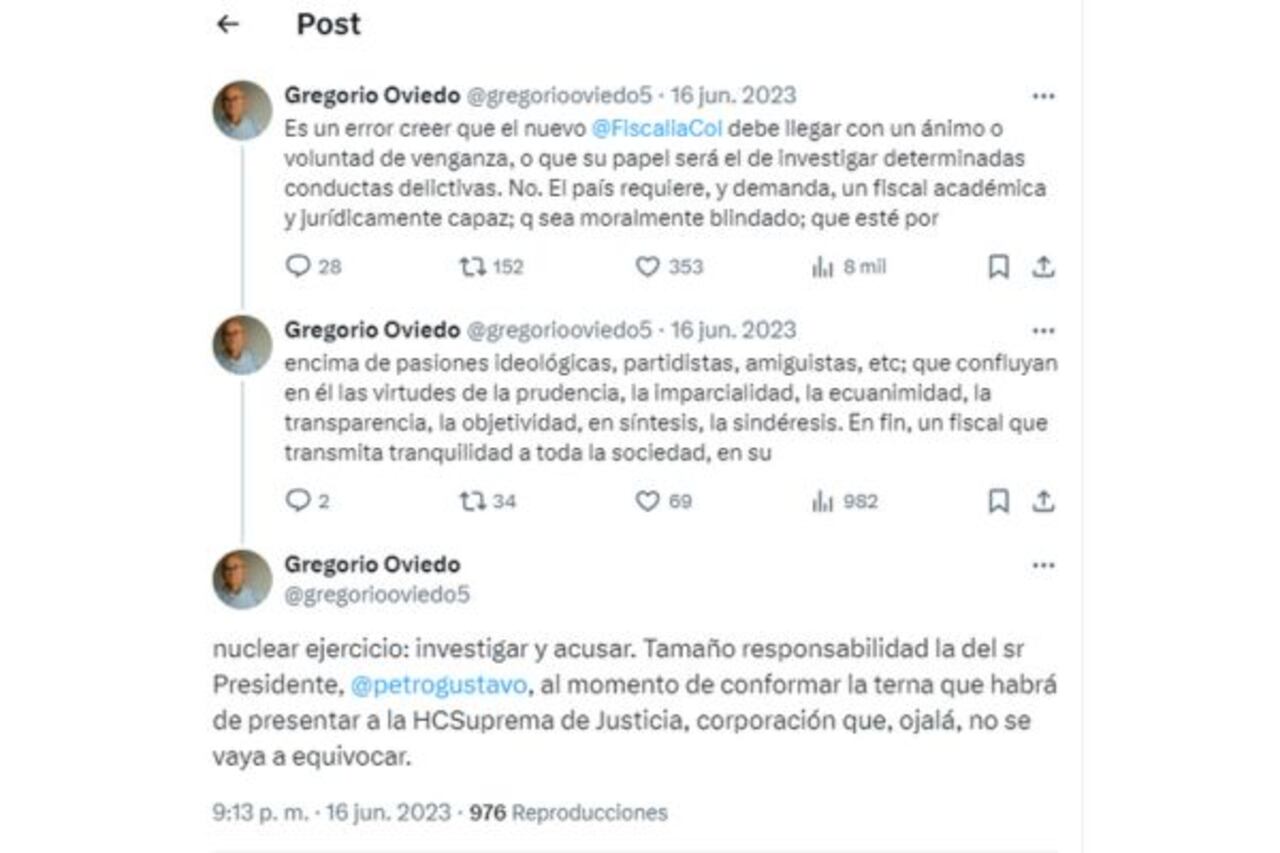 Este fue el hilo que hizo el abogado Gregorio Oviedo, esposo de la ternada Amelia Pérez, sobre la elección de fiscal general.