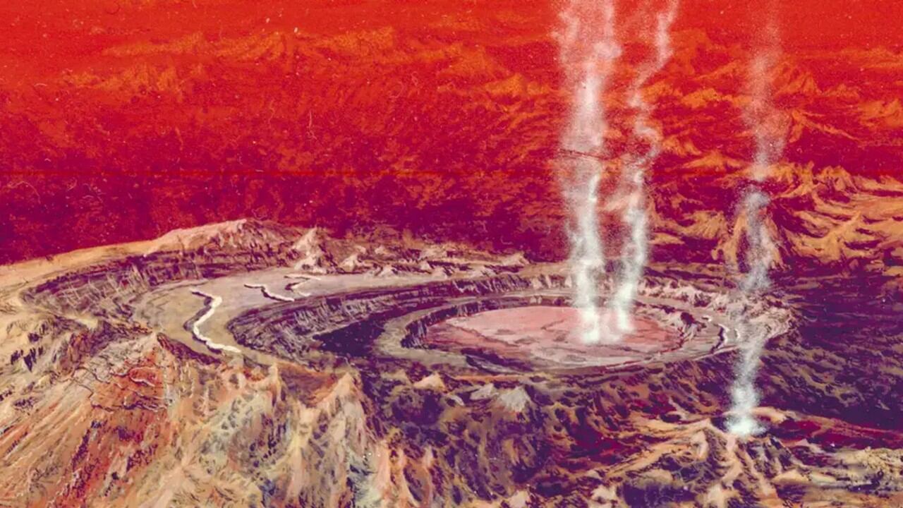 Científicos identificaron evidencia de enormes túneles de lava en Venus. En la imagen, representación artística de 1977 de columnas de vapor elevándose desde la superficie venusiana.