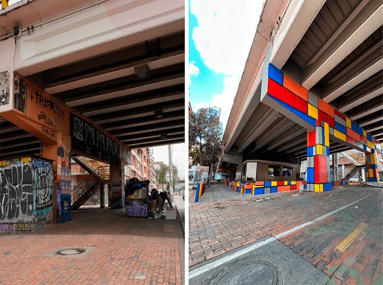 Antes y el después del espacio bajo puente de la calle 53 con avenida NQS en Teusaquillo