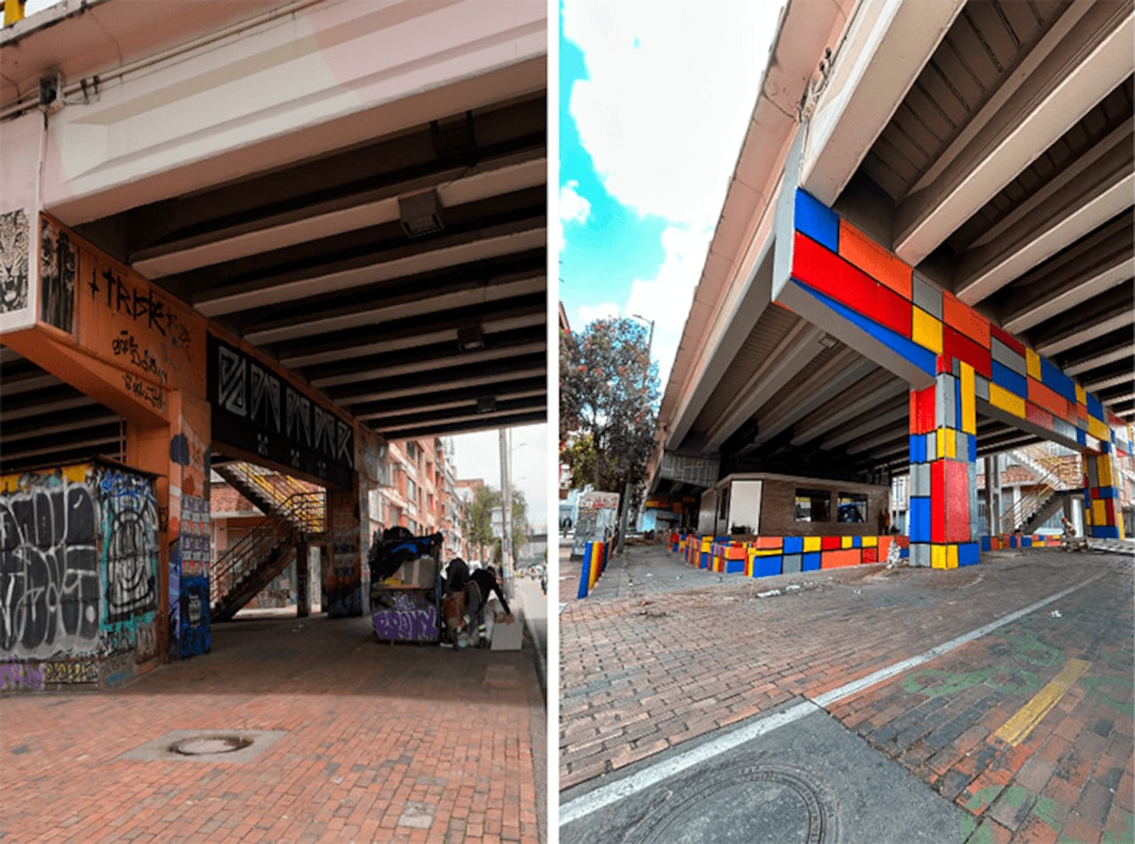 Antes y el después del espacio bajo puente de la calle 53 con avenida NQS en Teusaquillo