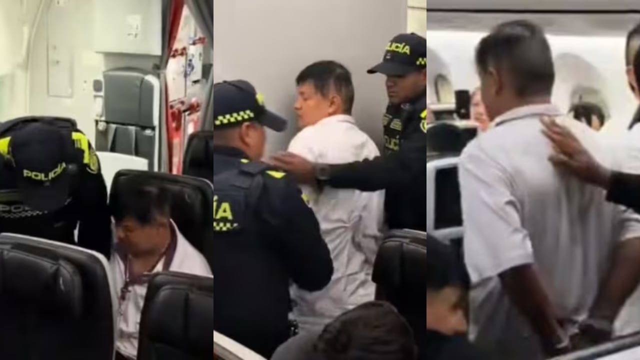 Este es el momento en el que policías esposan al sujeto y lo sacan del avión.