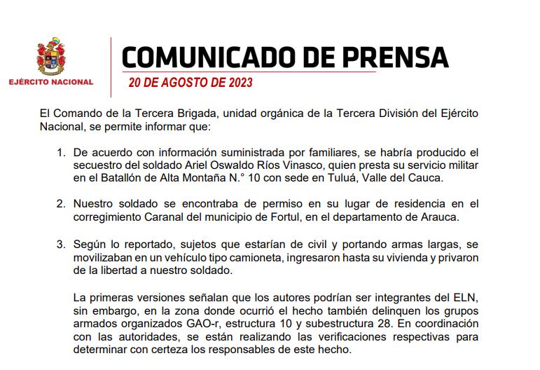 El Ejército confirmó el secuestro de un soldado en el departamento de Arauca.