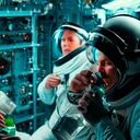 Ilustración creada con inteligencia artificial de astronautas bebiendo agua mientras viajan por el espacio.