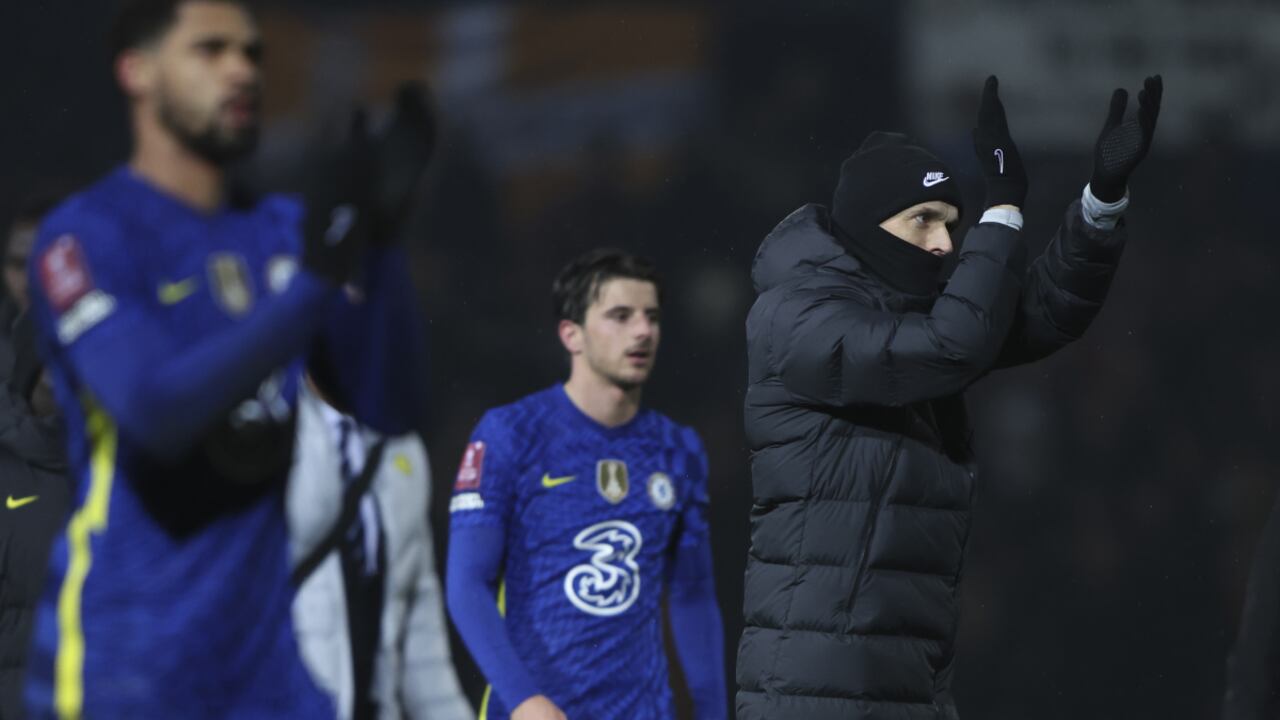 Chelsea's head coach Thomas Tuchel, right, applauds fans at the end of the FA Cup fifth round soccer match between Luton Town and Chelsea at Kenilworth Road in Luton, England, Wednesday, March 2, 2022. (AP/Ian Walton)
