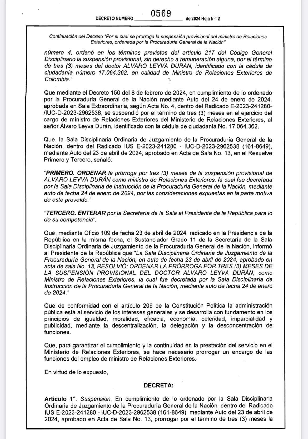 Decreto prórroga designación Luis Gilberto Murillo